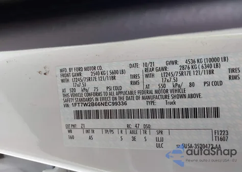 2022 Ford F-250 Xl z USA, uszkodzony, nr VIN 1FT7W2B66NEC99336